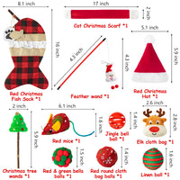 MALLMALL6 11Pcs Christmas Cat Stocking Toys, Santa Hat with Scarf Interactive Cats Toy Pack with Teaser Wand Mice Deer Bells Balls Xmas Tree for Indoor Cat, Hanging Burlap Plaid Fish Sock for Pet