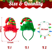 MALLMALL6 4Pcs Christmas Led Elf Hat and Bulb Necklace Set, Ugly Sweater Xmas Party Kit Holiday Light Up Elf Headbands Necklace for Kids Adults, Elf Costume Hats Headwear for Santa Accessory