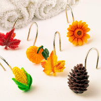 MALLMALL6 12Pcs Fall Shower Curtain Hooks Thanksgiving Plant Decorative Metal Rustproof Bathroom Pendants Autumn Decor Accessories with Maple Leaf Pumpkins Pinecones Sunflower Corn Curtains Rings