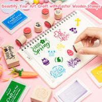 MALLMALL6 17Pcs Easter Wooden Rubber Stamp Craft Ink Pads Easter Day DIY Craft Gift Card Wood Rubber Stamps Printed with “He Is Risen” “Bunny” “Easter Egg” “Spring” Easter Day Stamp for Scrapbook