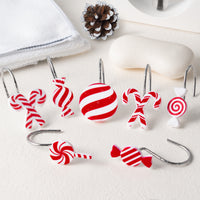 MALLMALL6 12Pcs Christmas Candy Shower Curtain Hooks Decorative Metal Rustproof Bathroom Room Pendants Xmas Holiday Decor Accessories with Red White Candy Cane Swirl Lollipop Stainless Curtains Rings