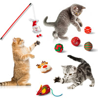 MALLMALL6 11Pcs Christmas Cat Stocking Toys, Santa Hat with Scarf Interactive Cats Toy Pack with Teaser Wand Mice Deer Bells Balls Xmas Tree for Indoor Cat, Hanging Burlap Plaid Fish Sock for Pet