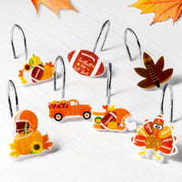 MALLMALL6 12Pcs Fall Rugby Shower Curtain Hooks Thanksgiving Decorative Metal Rustproof Bathroom Pendants Autumn Harvest Decor Accessories with Maple Leaf Pumpkins Helmet Sunflower Curtains Rings