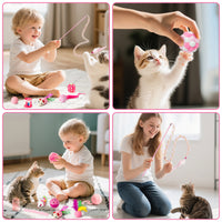 MALLMALL6 Cat Interactive Toys Set - 27Pcs Kitten Toys Stuff Pink Feather Teaser Wand Springs Mice Sisal Fish Crinkle Balls Bell Balls, Puzzle Gift Pack for Indoor Kitty Play Exercise