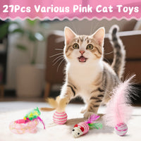 MALLMALL6 Cat Interactive Toys Set - 27Pcs Kitten Toys Stuff Pink Feather Teaser Wand Springs Mice Sisal Fish Crinkle Balls Bell Balls, Puzzle Gift Pack for Indoor Kitty Play Exercise