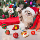 MALLMALL6 11Pcs Christmas Cat Stocking Toys, Santa Hat with Scarf Interactive Cats Toy Pack with Teaser Wand Mice Deer Bells Balls Xmas Tree for Indoor Cat, Hanging Burlap Plaid Fish Sock for Pet