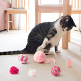 MALLMALL6 10Pcs Cat Toy Set Interactive Cat Toys Pack Including Feather Teaser Wand Cat Springs Mice Crinkle Balls and Pet Bell Balls, Puzzle Toys for Indoor Cats Gift (Pink)