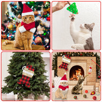 MALLMALL6 11Pcs Christmas Cat Stocking Toys, Santa Hat with Scarf Interactive Cats Toy Pack with Teaser Wand Mice Deer Bells Balls Xmas Tree for Indoor Cat, Hanging Burlap Plaid Fish Sock for Pet