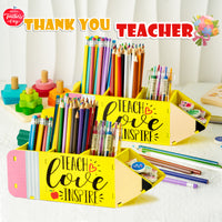 MALLMALL6 2Pack Teacher Appreciation Gifts Pencil Shape Pencil Holder for Teacher, Wooden Desktop Pen Organizer with "TEACH Love INSPIRE" for Xmas End of Year Gift School Office Classroom