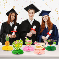 MALLMALL6 9Pcs Hawaii Grad Honeycomb Centerpieces Congrats Graduation Photo Booth Props Class of 2023 Party Supplies Decorations, Table Topper Decor with Palm Leaves, Graduation Caps for Graduates