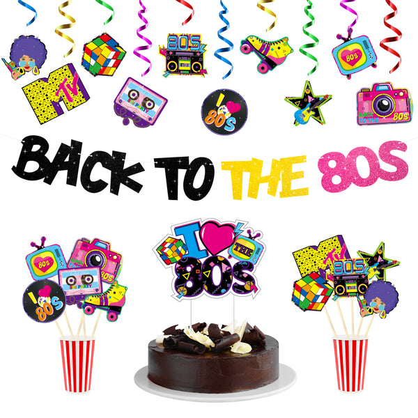 MALLMALL6 42Pcs 80's Retro Party Decoration Set Back to 80s Hanging Swirls Supplies 1980s Hip Hop Photo Booth I Love 80s Cake Toppers Camera TV Room Decors Banner Centerpiece for Throwback Birthday