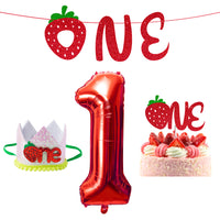 MALLMALL6 4Pcs Strawberry Sweet ONE First Birthday Summer Party Decor Glitter Paper Banner Cake Topper Crown Foil Balloon Decoration Photo Booth Prop Fruit Theme Set Supplies for Baby Girls