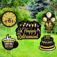 MALMALL6 5Pcs Happy Retirement Yard Sign Black Gold Cake Balloons Waterproof Garden Large Signs Retired Themed Lawn Backyard Photo Prop with Stakes Ornaments for Outdoor Party Decoration Supplies