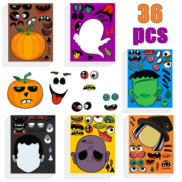 MALLMALL6 36Pcs Halloween Stickers for Kids Halloween Party Favors Make a Face Sticker Sheets Novelty DIY Jack-o-Lantern Pumpkin Stickers Party Decorations Supplies Vampire Witch Trick or Treat Filler