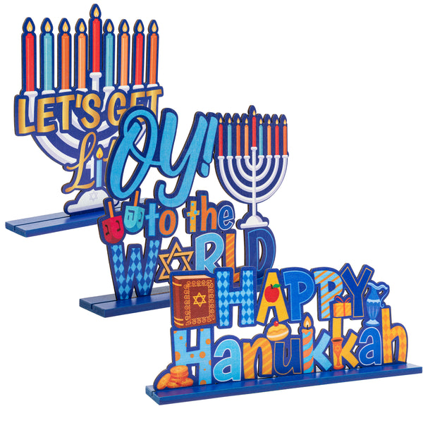 MALLMALL6 3Pcs Hanukkah Wood Table Decoration Centerpiece Happy Hanukkah Let's Get Lit Oy to The World Menorah Dreidel Wooden Design Decor for Chanukkah Traditional Festival Party Celebration Supplies