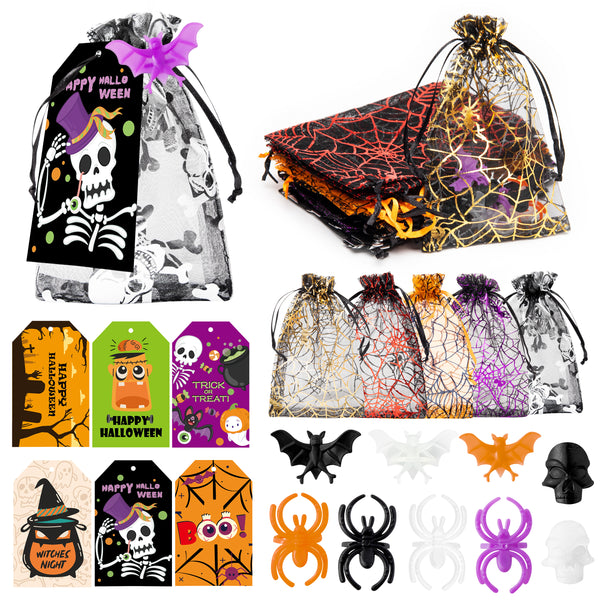 MALLMALL6 24pcs Halloween Rings Organza Gift Bags Thank You Tags Trick or Treat Candy Goodie Bags Halloween Spider Skull Bat Rings Party Supplies for Kids Adult Guests Return Favors Baby Shower