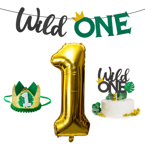 MALLMALL6 4Pcs Wild ONE First Birthday Party Decor Summer Supplies Glitter Paper Banner Cake Topper Crown Gold Foil Balloon Decorations Kit Nature Theme Baby Shower Photo Props for Baby Boys