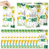 MALLMALL6 50Pcs Wild One Party Favor Bag Jungle Green Waterproof Plastic Gift Bags Safari Animal Candy Snack Bags One Year Old Party Supplies for Kids Boys Girls First Birthday Party Baby Shower