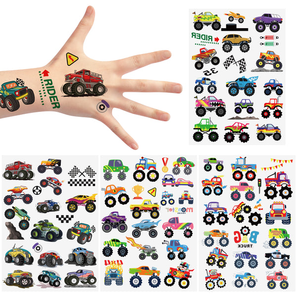 MALLMALL6 8 Sheets Monster Trucks Temporary Tattoos for Kids Waterproof Vehicle Fake Tattoos Checkered Racing Flag Dirt Cars Body Sticker Cartoon Art Decal Birthday Party Favor Supplies for Boys Girls