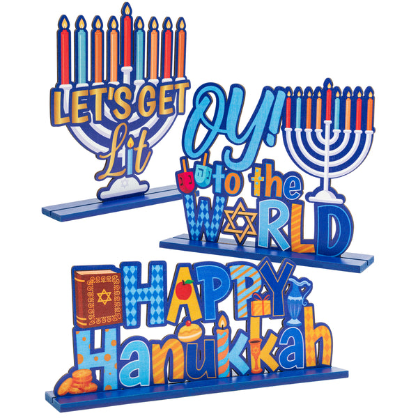 MALLMALL6 3Pcs Hanukkah Wood Table Decoration Centerpiece Happy Hanukkah Let's Get Lit Oy to The World Menorah Dreidel Wooden Design Decor for Chanukkah Traditional Festival Party Celebration Supplies