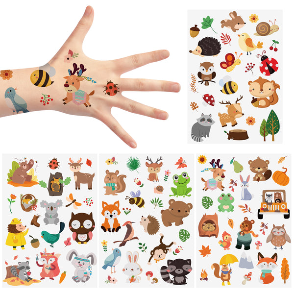 MALLMALL6 8 Sheets Woodland Animals Temporary Tattoos for Kids Autumn Forest Waterproof Fake Tattoo Leaves Flower Insect Body Sticker Cartoon Art Decal Birthday Party Favors Supplies for Boys Girls