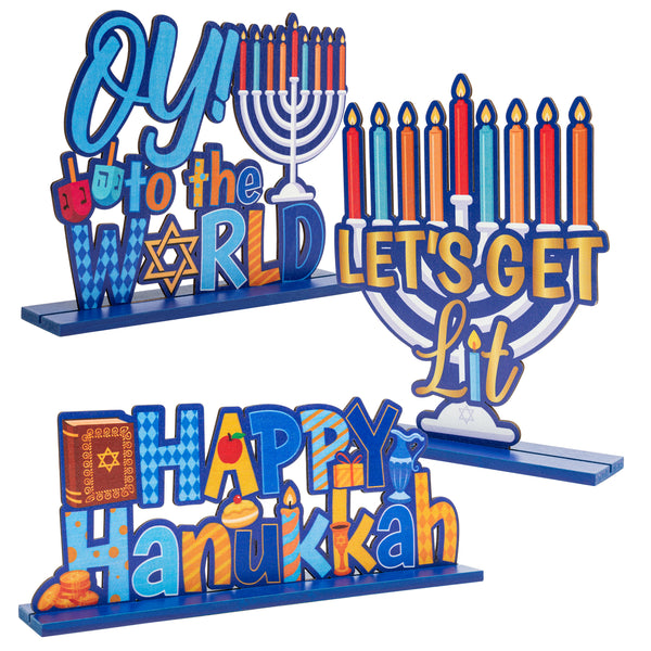 MALLMALL6 3Pcs Hanukkah Wood Table Decoration Centerpiece Happy Hanukkah Let's Get Lit Oy to The World Menorah Dreidel Wooden Design Decor for Chanukkah Traditional Festival Party Celebration Supplies