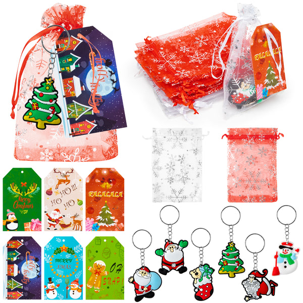 MALMALL6 24Pcs Christmas Tags & Keychains with Organza Bags Merry Christmas Elk Mistletoe Penguin Thank You Kraft Tags Santa Claus Xmas Tree Key Chains Party Decoration Supplies for Gift Wrapping