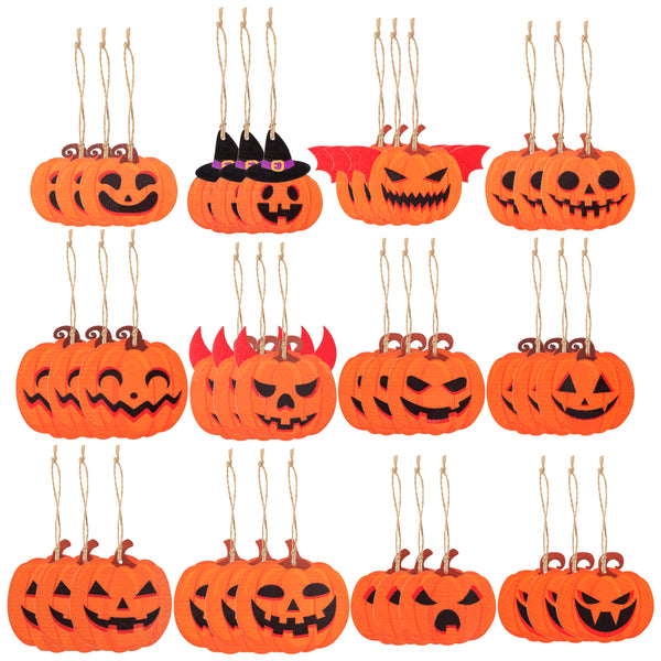 MALLMALL6 37Pcs Halloween Evil Pumpkin Shape Wood Ornament, Wooden Hanging decoration with String Pumpkin Party Gifts Tags with horror smile expression Tree Pendant for Home Halloween Favor Supplies