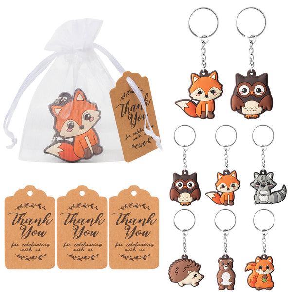 MALLMALL6 72pcs Woodland Animal Keychains Gifts with Thank You Kraft Tags and White Gift Bags Forest Key Chain Candy Goodie Bags Party Favors Supplies for Adult Kids Guests Return Birthday Baby Shower