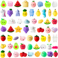 MALLMALL6 60Pcs Mochi Squeeze Toys for Kids Party Decorations Favors Stress Relief Birthday Gift Treat Goodie Bags Fruit and Random Animals Shape Kawaii Mini Toys Classroom Prize for Boys Girls