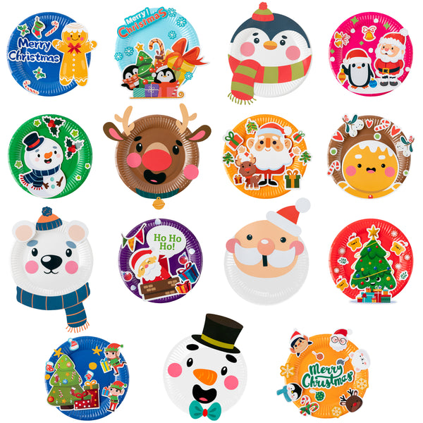 MALLMALL6 15pcs Christmas Paper Plate Art Kits 3D Snowman Elk DIY Handcraft Sticker Games Merry Christmas Artwork Project Xmas Party Favor Supplies Decoration Gift for Kid Adult Family School Activity