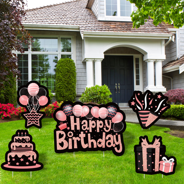 MALLMALL6 5Pcs Rose Gold Happy Birthday Yard Signs Cake Star Gift Box Fireworks Celebration Balloons Waterproof Lawn Garden Backyard Large Sign with Stakes Decors for Outdoor Colorful Party Supplies