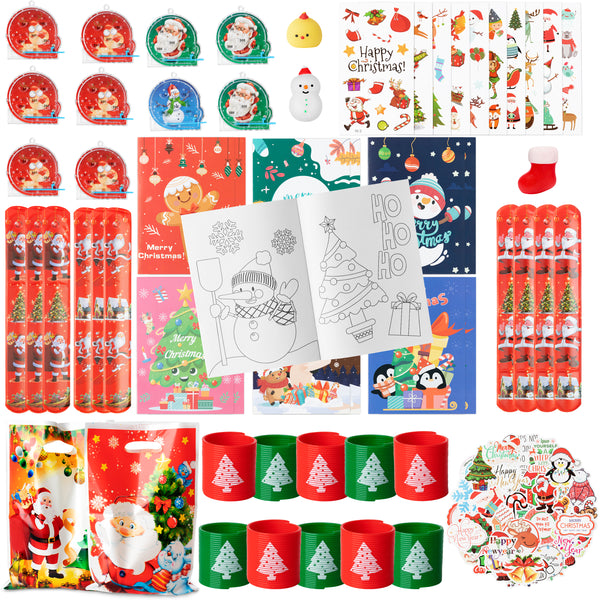 MALLMALL6 125Pcs Christmas Party Favors Xmas Stocking Stuffers Including Santa Claus Coloring Books Candy Bags Slap Bracelet Tattoo Sticker Elk Rainbow Spring Squeeze Mochi Toy for Kids Prize Supplies