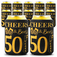 MALLMALL6 12Pcs 50th Happy Birthday Beer Can Sleeves Set Fifty Years Old Theme Party Decoration Favor Supplies Black and Gold Cheers Beer Bottle Cover Soda Beverage Can Decor Parent Gift for Men Women