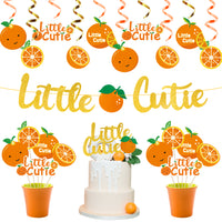 MALLMALL6 42pcs Little Cutie Baby Shower Party Decoration Set Orange Birthday Favors Supplies Tangerine Glitter Banner Fruit Hanging Swirls and Cakes Toppers Photo Props for Clementine Theme Party