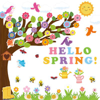 MALLMALL6 152Pcs Classroom Tree Bulletin Board Decor Hello Spring Tree Chalkboard Wall Decorations Set with Cutout Flowers Snails Bees Ladybugs Birds for Kindergarten Elementary School Home Decor