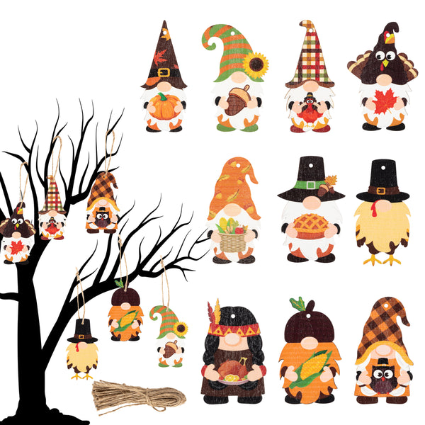 MALLMALL6 31pcs Thanksgiving Gnome Hanging Wood Ornament Happy Fall Wooden Elfin Tag with Rope for Harvest Party Favor Decoration Pumpkin Pine cones Turkey Autumn Pendant Home Birthday Decor Supplies