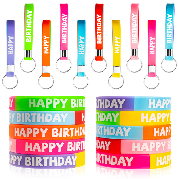 MALLMALL6 40pcs Happy Birthday Rubber Bracelets and Key Chains 10 Styles Jointed Iridescent Colored Silicone Unisex Wristbands Hand Lanyard Party Favors Birthday Set for Boys Girls Kids Teens