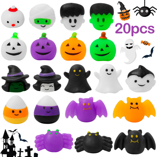 MALLMALL6 20Pcs Halloween Mochi Squeeze Toys Kawaii Spooky Pumpkin Ghost Spider Animal Squeeze for Halloween Decorations Happy for Kids Party Favors Stress Relief Squeeze Toys