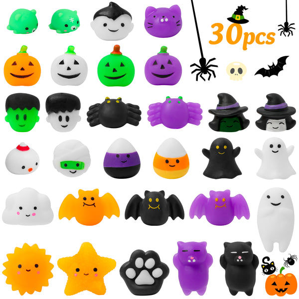 MALLMALL6 30Pcs Halloween Mochi Squeeze Toys for Kids Party Favors Kawaii Animals Cat Squeeze for Happy Halloween Decorations Birthday Gifts Pumpkin Ghost Spider Halloween Toys for Girls Boys