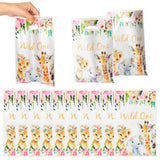 MALLMALL6 50Pcs Wild One Girl Party Favor Bag Jungle Floral Waterproof Plastic Gift Bags Safari Animal Candy Snack Gift Bags One Year Old Birthday Party Decorations for Kids Baby Shower Party Supplies