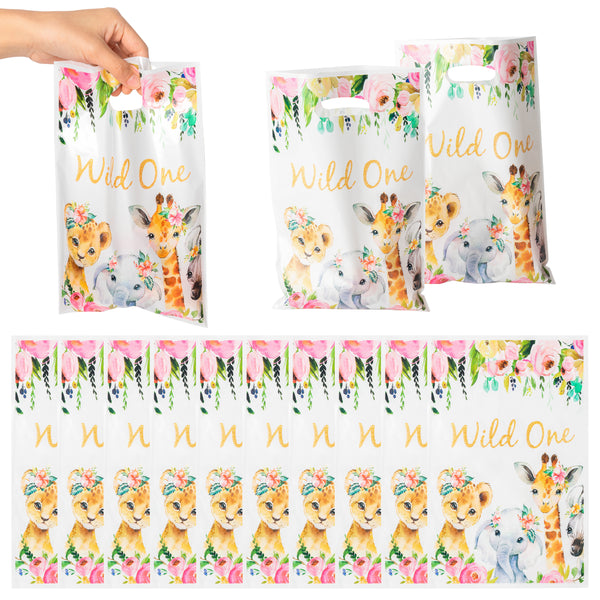 MALLMALL6 50Pcs Wild One Girl Party Favor Bag Jungle Floral Waterproof Plastic Gift Bags Safari Animal Candy Snack Gift Bags One Year Old Birthday Party Decorations for Kids Baby Shower Party Supplies