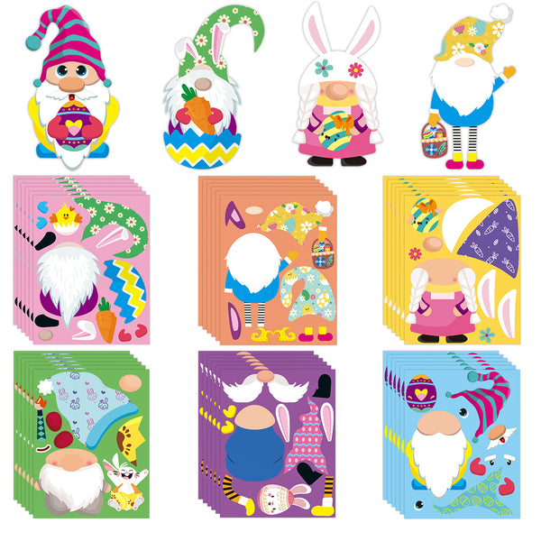 MALLMALL6 36Pcs Make a Easter Bunny Gnome Sticker Game DIY Art Crafts Your Own 6 Kinds Cartoon Characters Stickers Mixed and Matched Games Decorations Party Favors Birthday School Supplies for Kids