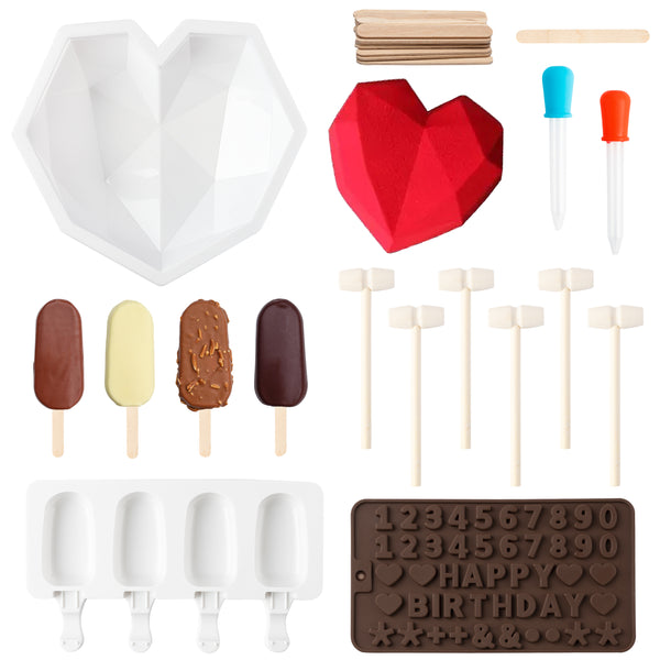 MALLMALL6 41Pcs Diamond Heart Shaped Chocolate Mold Ice Pop and Number Tray Molds with Wooden Hammers and Sticks Set Candy Making Birthday Wedding Cake Decorations DIY Candles for Party Anniversary