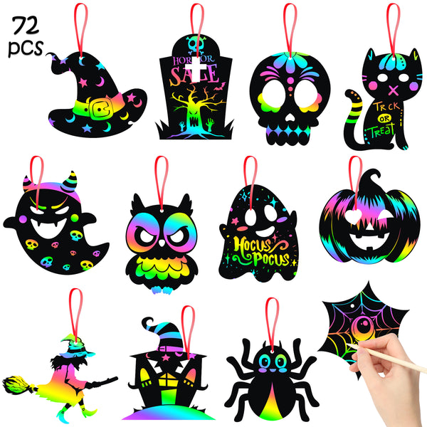 MALLMALL6 72Pcs Halloween Themed Scratch Paper Rainbow Party Supplies Magic Color Reveal Doodles Card DIY Craft Kit Birthday Decorations School Classroom Family Parent-Child Games for Kids Boys Girls