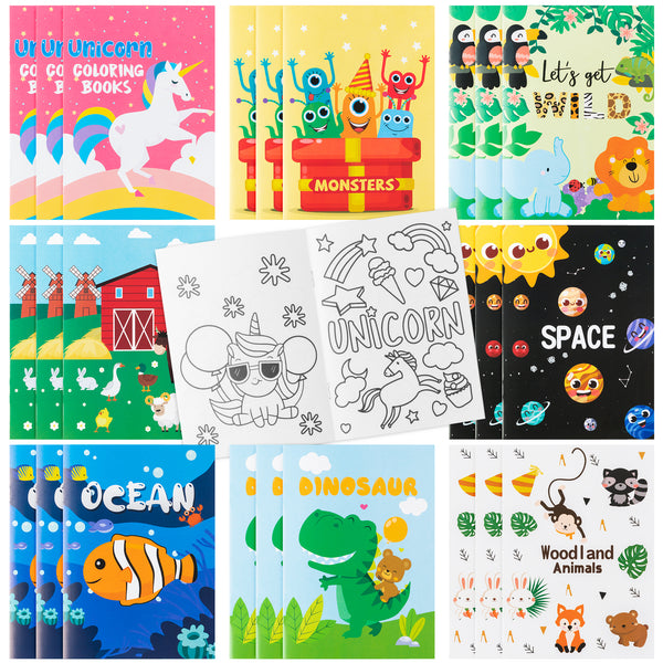 MALLMALL6 24Pcs Coloring Books for Kids Monsters Jungle Safari Animals Unicorn Ocean World Mix Styles DIY Art Drawing Pattern for Boy Girl Birthday Party Favors Home School Classroom Activity Supply