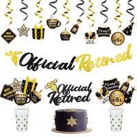 MALLMALL6 42Pcs Retirement Party Decoration set Official Retired Cupcake Toppers Glitter Gold and Black Banner Champagne Gifts Hanging Swirls Room Centerpiece Photo Booth for Happy Retirement Party