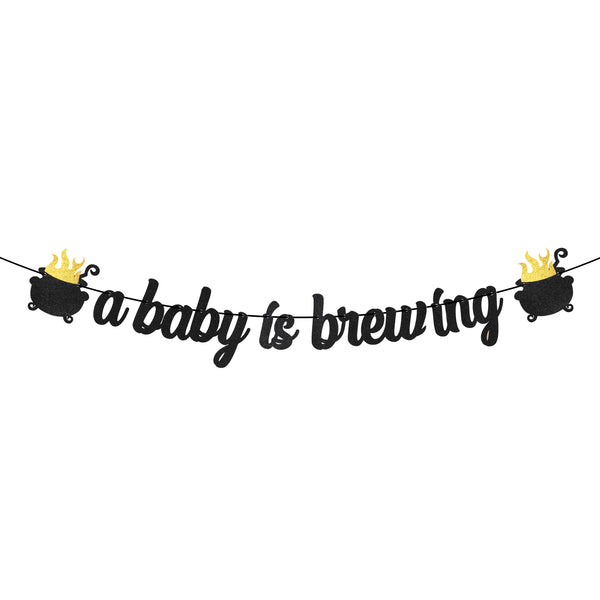 MALLMALL6 A Baby Is Brewing Banner Sign Halloween Baby Shower Party Favors Black Golden Glittery Paper Flag Photo Props Pre-Strung Hanging Kit Gender Reveal Party Decoration for Home Room Wall Outdoor