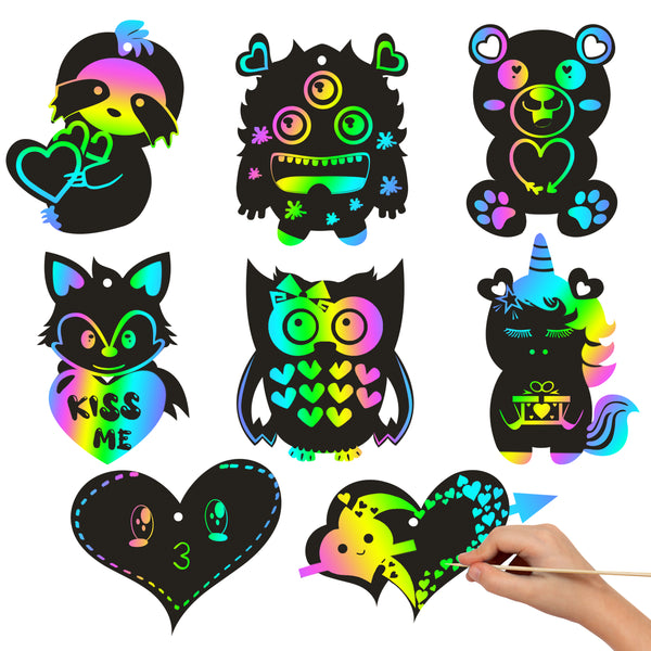 MALLMALL6 64pcs Valentine’s Day Scratch Paper Rainbow Party Favors Sloth Unicorn Monster Bear Fox Owl Hearts Color Reveal Doodles Card DIY Craft Proposal Show Love Anniversary Wedding Valentines Decor