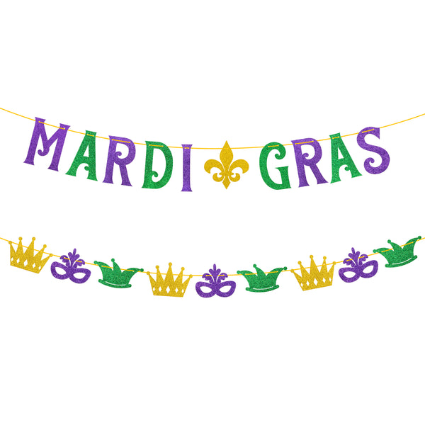 MALLMALL6 2Pcs MARDI GRAS Banner Mardi Gras Carnival Glittery Sign with Fleur De Lis Mask Crown Pre-Strung Hanging Kit Shrove Fat Tuesday New Orleans Masquerade Party Decorations for Fireplace Mantel